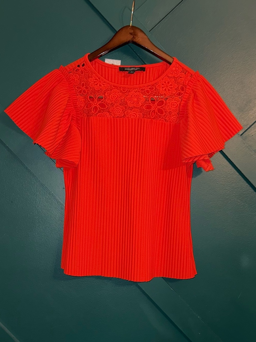 Marc New York Red Pleated Lace Yoke Flutter Sleeve Top